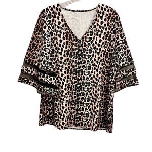 Luvamia V Neck 3/4 Bell Sleeve Animal Print Leopard Mesh Shirt Top